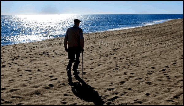 José Luis Sampedro, paseando por la playa de Mijas, cerca de su casa, en el invierno de 2009. /  ©Daniel Mordzinski