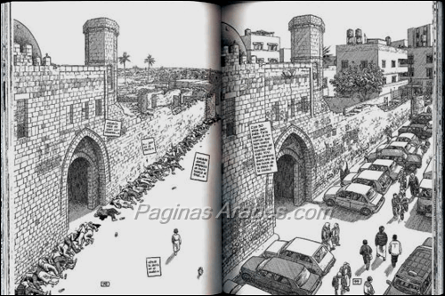 ‘Notas al pie de Gaza’, p. 98. Faris recuerda el día en que se encuentra con más de cien cadáveres frente al muro de un castillo.