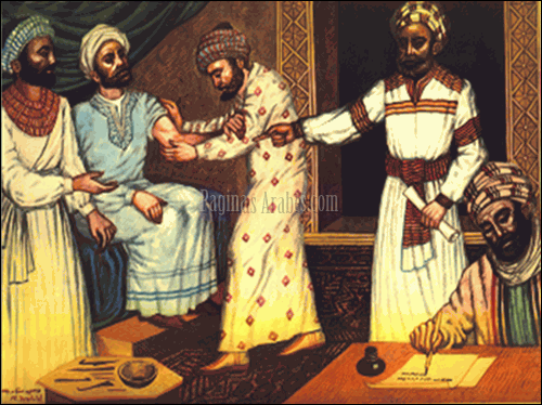 Avicena enseña el método de realización de la sangría. Junto a él, su discípulo y amigo AI-Jozjani, tomando notas del Maestro